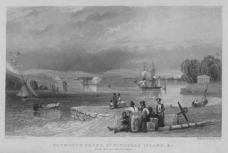 Plymouth Sound, St Nicholas Island, itp. z Mount Edgecumbe (grawerowanie) autorstwa George Bryant Campion