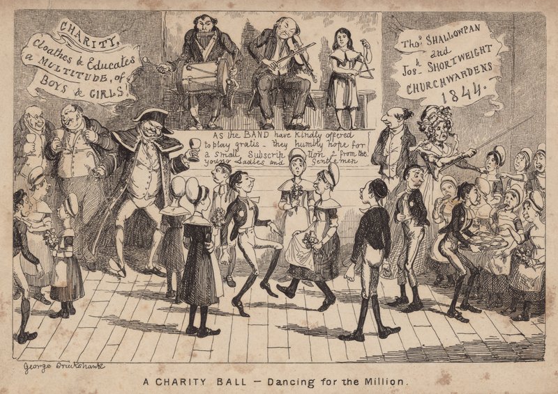 Bal Charytatywny - taniec dla miliona; kreskówka autorstwa George Cruikshank