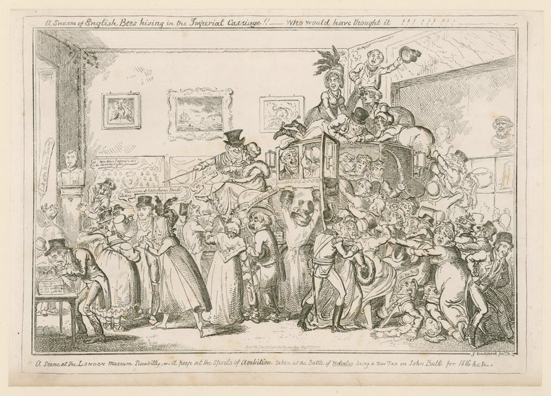 Scena w londyńskim muzeum Piccadilly autorstwa George Cruikshank