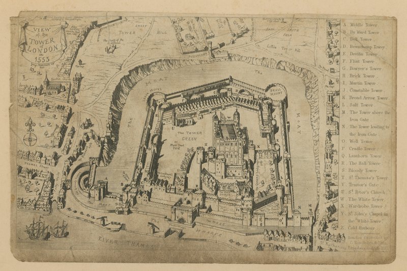 Widok na Tower of London w 1553 r. autorstwa George Cruikshank