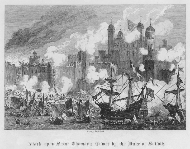 Atak na Wieżę św. Tomasza przez księcia Suffolk (rycina) autorstwa George Cruikshank