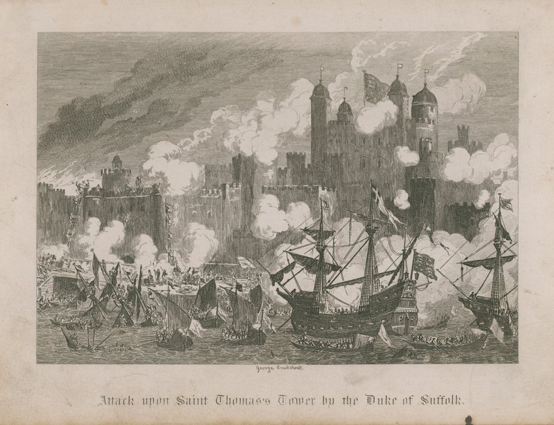 Atak na Wieżę św. Tomasza przez księcia Suffolk autorstwa George Cruikshank