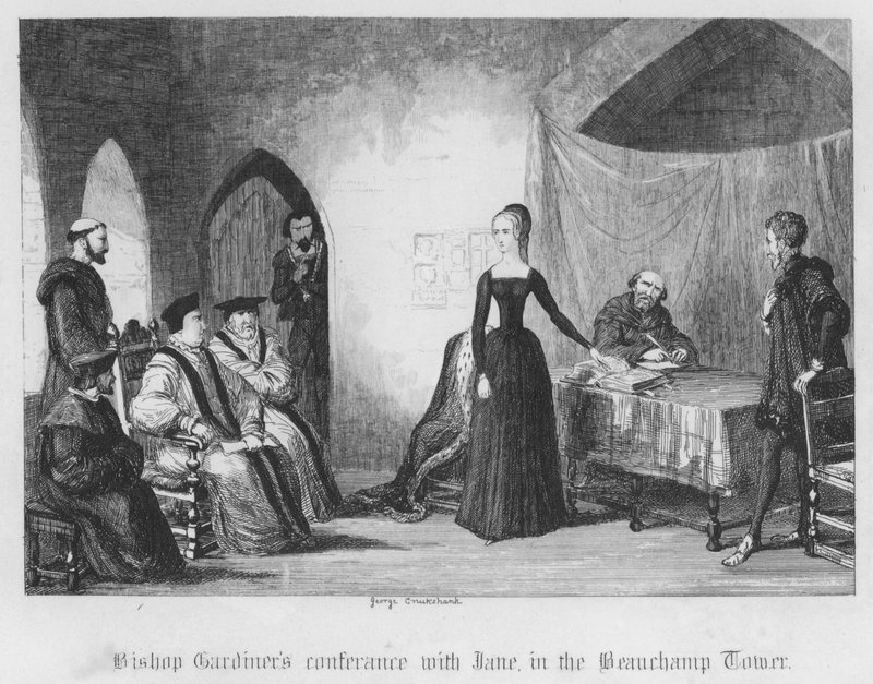 Konferencja biskupa Gardinera z Jane, w Beauchamp Tower (rycina) autorstwa George Cruikshank