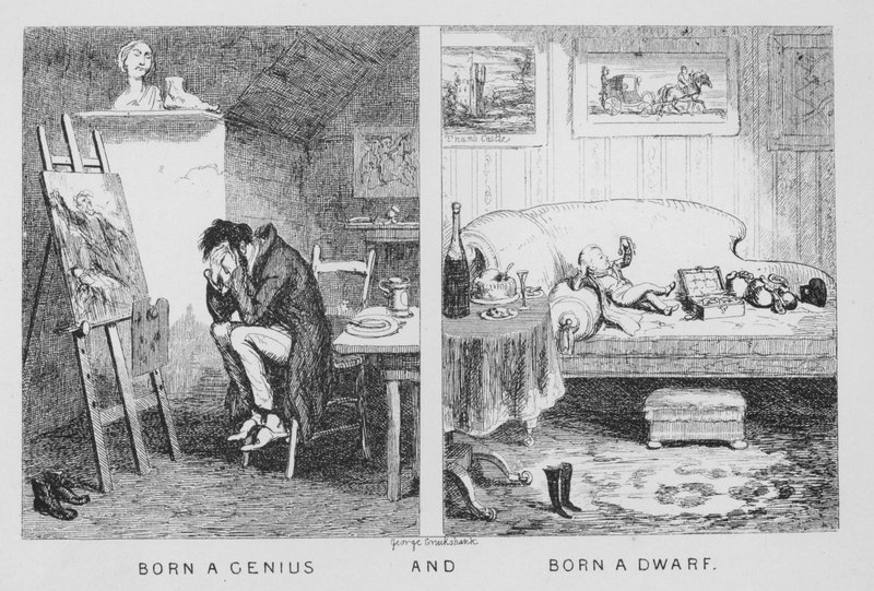 Urodzony geniusz i Urodzony krasnolud (Grawerowanie) autorstwa George Cruikshank