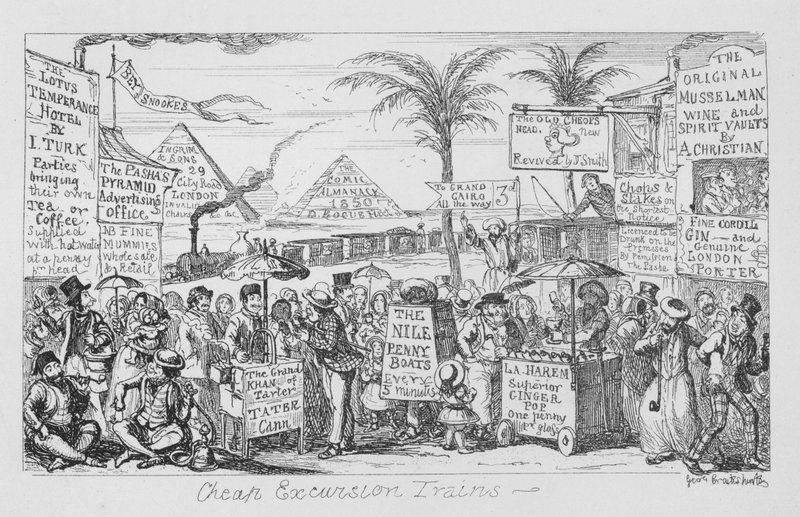 Tanie pociągi wycieczkowe, czyli wyobrażona przyszłość masowej turystyki (grafika) autorstwa George Cruikshank