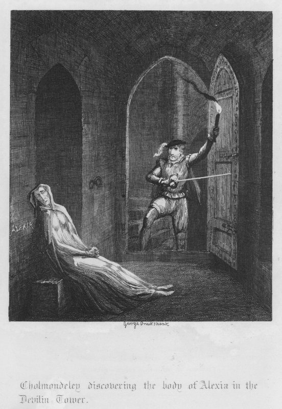 Cholmondeley odkrywa ciało Alexii w Devilin Tower (rycina) autorstwa George Cruikshank