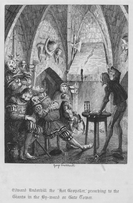 Edward Underhill, "Gorący Ewangelista", wygłaszający kazania do Gigantów w By-ward lub Gate Tower (rycina) autorstwa George Cruikshank
