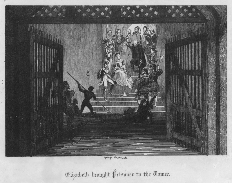 Elżbieta przyprowadziła Więźnia do Wieży (rycina) autorstwa George Cruikshank
