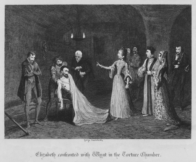Elżbieta skonfrontowana z Wyatem w sali tortur (rycina) autorstwa George Cruikshank