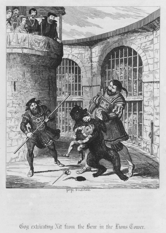Gog wydobywający Xit z Niedźwiedzia w Lwiej Wieży (rycina) autorstwa George Cruikshank