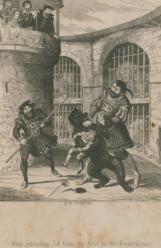 Gog wydobywający Xit z niedźwiedzia w Lwiej Wieży autorstwa George Cruikshank