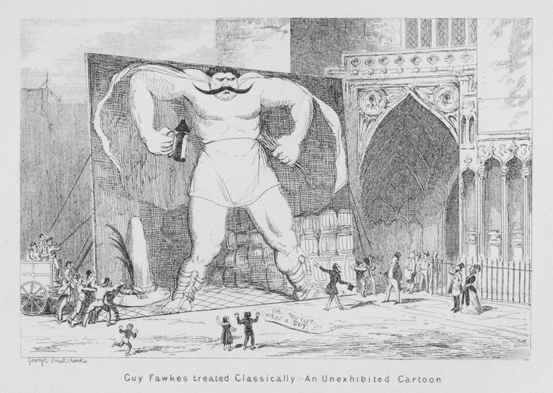 Guy Fawkes potraktowany klasycznie, niewystawiana kreskówka (grawerowanie) autorstwa George Cruikshank