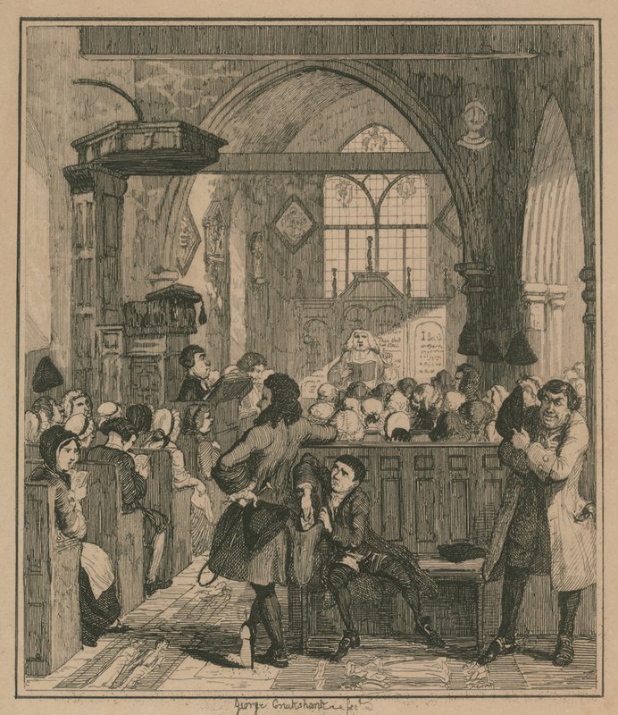 Jack Sheppard popełnia napad w Willesden Church autorstwa George Cruikshank