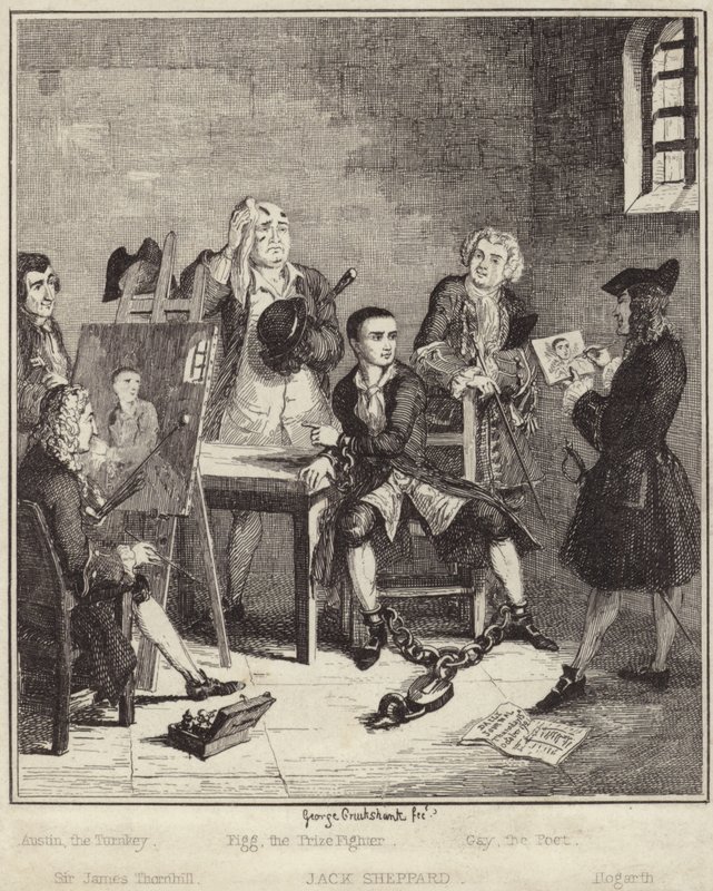 Jack Sheppard ma swój portret namalowany przez Sir Jamesa Thornhilla w więzieniu autorstwa George Cruikshank