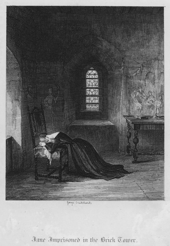 Jane uwięziona w Wieży Ceglanej (rycina) autorstwa George Cruikshank