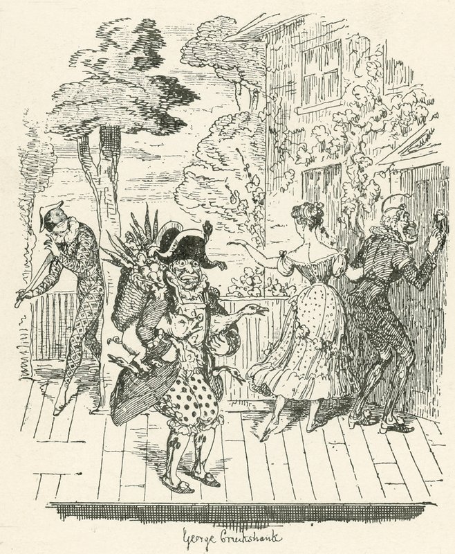 Joseph Grimaldi w Arlekinadzie autorstwa George Cruikshank