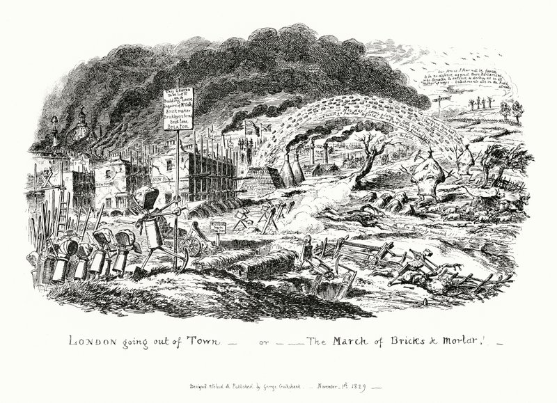 Londyn Going Out of Town, czyli Marsz Cegły i Zaprawy (rycina) autorstwa George Cruikshank