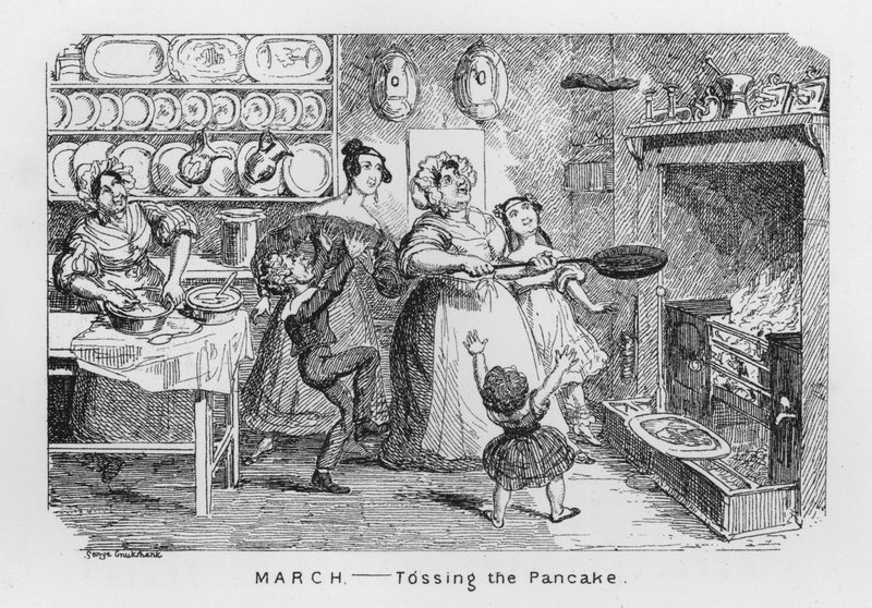 Marzec, podrzucanie naleśnika (grawerowanie) autorstwa George Cruikshank