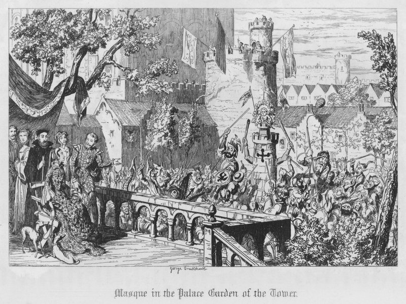 Maska w Pałacowym Ogrodzie Wieży (grafika) autorstwa George Cruikshank