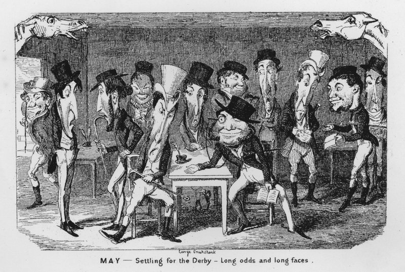 Maj, Rozliczenia Derby, Długie szanse i długie twarze (grawerowanie) autorstwa George Cruikshank