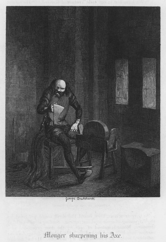 Monger ostrzący swój topór (grawerunek) autorstwa George Cruikshank