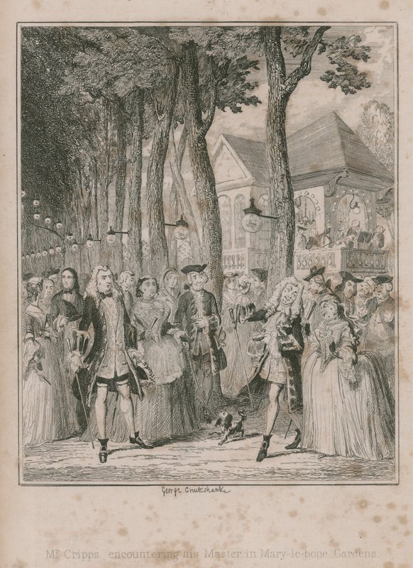 Pan Cripps spotyka swojego Mater w ogrodach Mary-le-bone autorstwa George Cruikshank