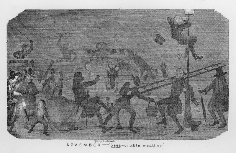 Listopad, Widzi-niezła pogoda, czyli smog londyński (grawerowanie) autorstwa George Cruikshank