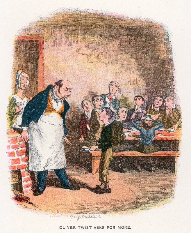 Oliver prosząc o więcej, ilustracja do „Oliver Twist” Charlesa Dickensa autorstwa George Cruikshank
