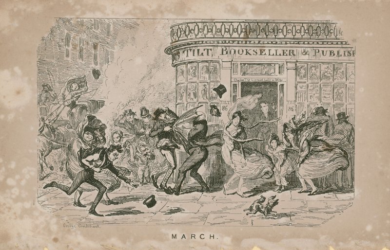 Ludzie walczą z silnymi wiatrami autorstwa George Cruikshank