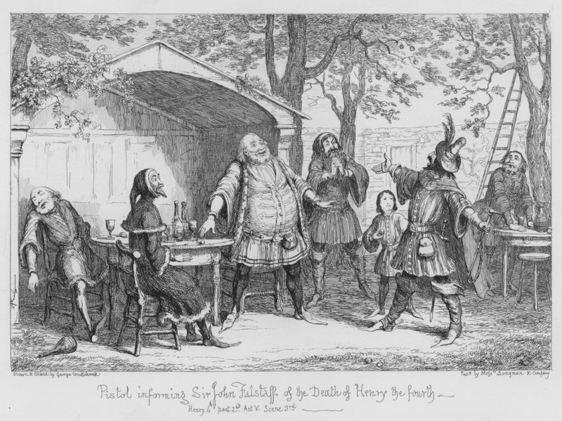 Pistolet informujący Sir Johna Falstaffa o śmierci Henryka IV autorstwa George Cruikshank