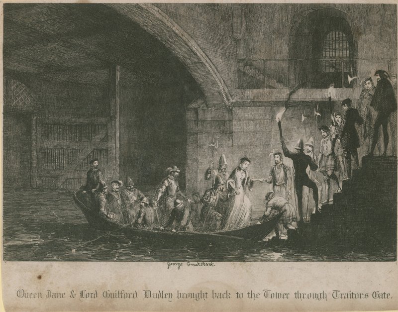 Królowa Jane i lord Guilford Dudley sprowadzeni z powrotem do Tower przez Bramę Zdrajców autorstwa George Cruikshank