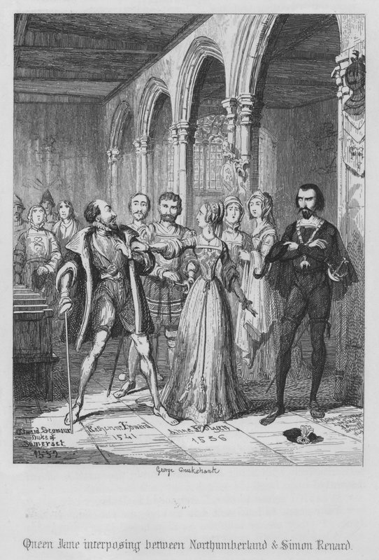 Królowa Jane wstawia się między Northumberland i Simon Renard (rycina) autorstwa George Cruikshank
