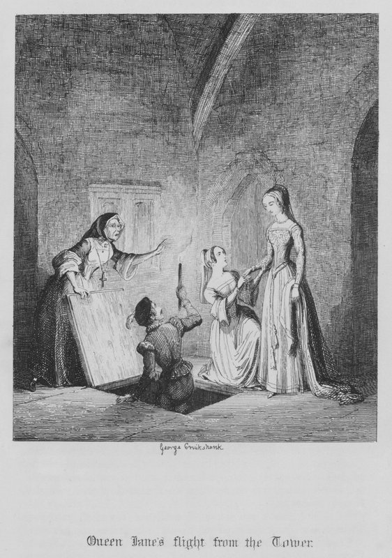 Lot królowej Jane z wieży (rycina) autorstwa George Cruikshank
