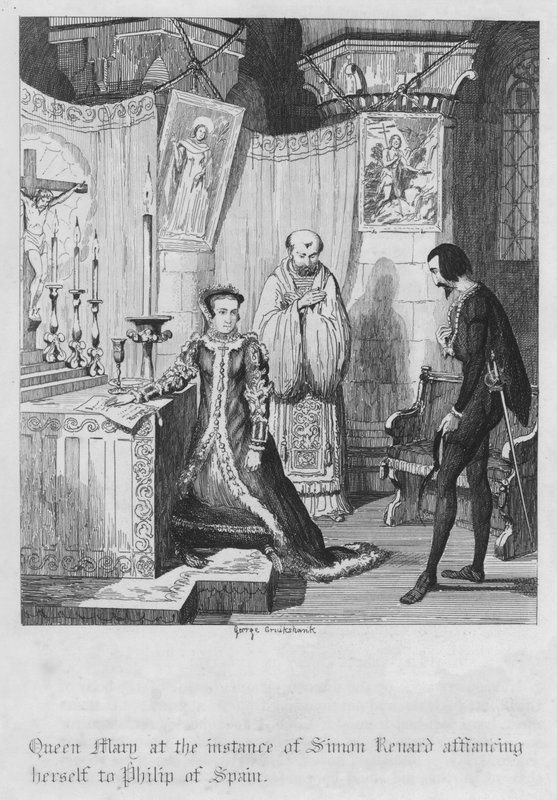 Królowa Maria na przykładzie Szymona Renarda wnoszącego się do Filipa Hiszpańskiego (rycina) autorstwa George Cruikshank