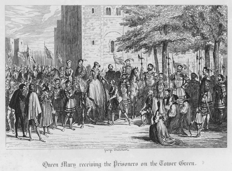 Królowa Maria przyjmująca więźniów na Tower Green (rycina) autorstwa George Cruikshank