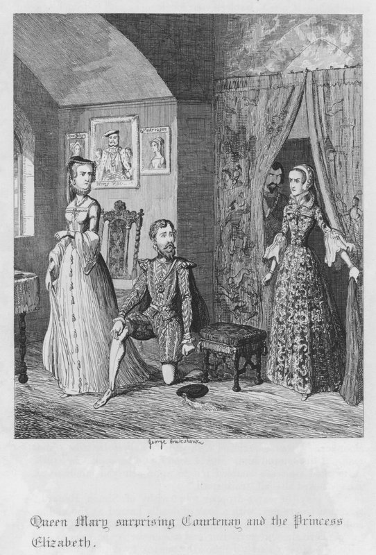 Królowa Maria zaskakująca Courtenay i księżniczka Elżbieta (rycina) autorstwa George Cruikshank