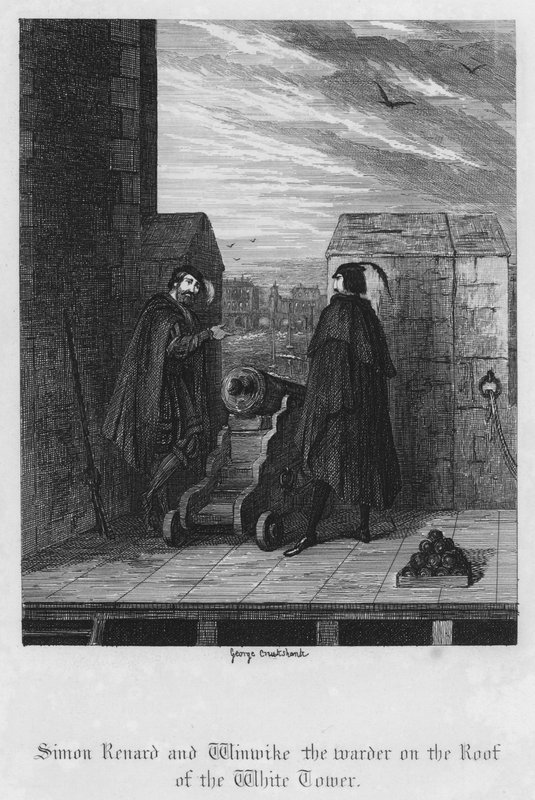 Simon Renard i Winwike strażnik na dachu Białej Wieży (rycina) autorstwa George Cruikshank