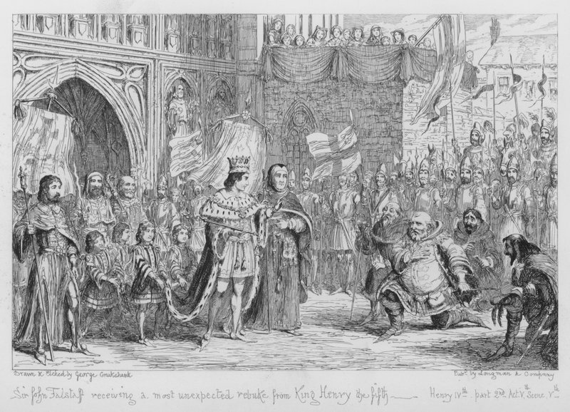 Sir John Falstaff otrzymuje najbardziej nieoczekiwaną naganę od króla Henryka V autorstwa George Cruikshank