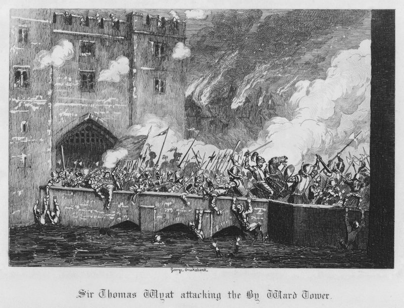 Sir Thomas Wyatt atakuje Byward Tower (rycina) autorstwa George Cruikshank
