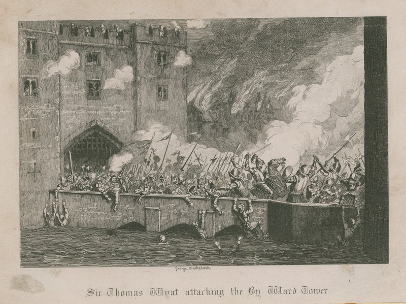 Sir Thomas Wyatt atakuje Byward Tower autorstwa George Cruikshank