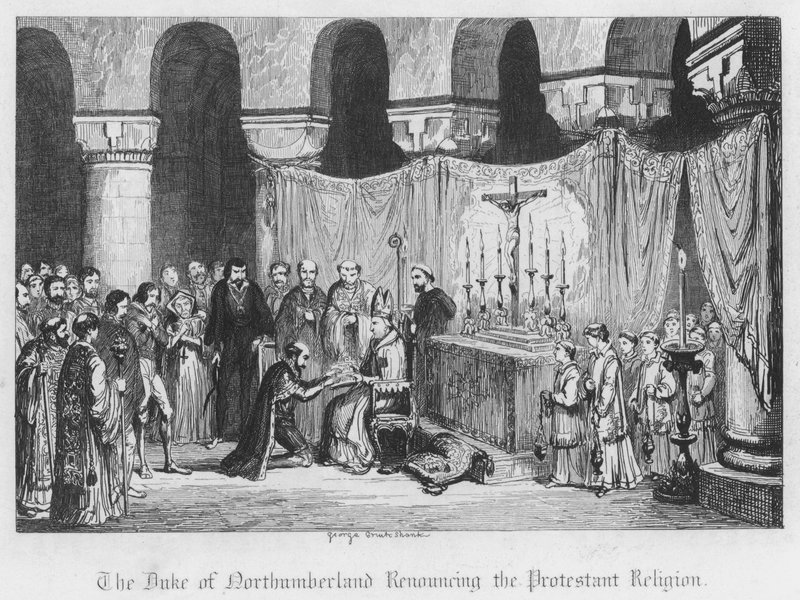 Książę Northumberland wyrzekający się religii protestanckiej (rycina) autorstwa George Cruikshank