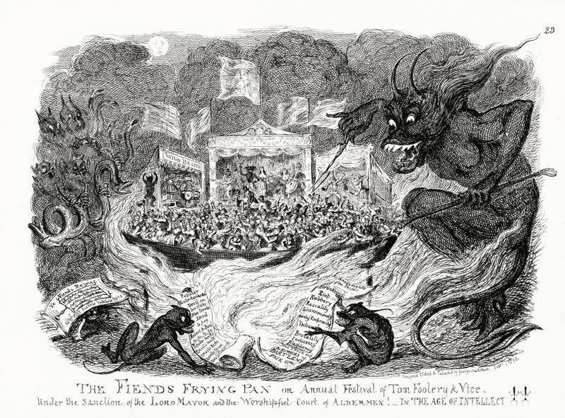 Patelnia Diabła, czyli coroczny festiwal wygłupów i występków pod sankcją burmistrza i czcigodnego dworu radnych! W Wieku Intelektu!! (rytownictwo) autorstwa George Cruikshank