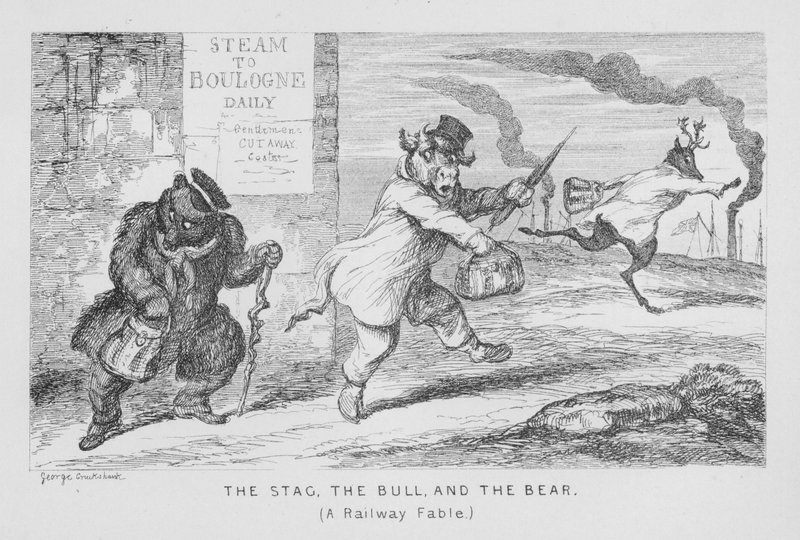 Jeleń, Byk i Niedźwiedź, bajka kolejowa (rycina) autorstwa George Cruikshank