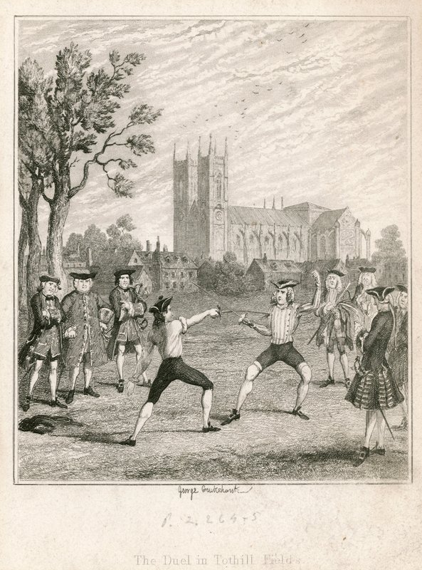 Pojedynek na polach Tothill autorstwa George Cruikshank