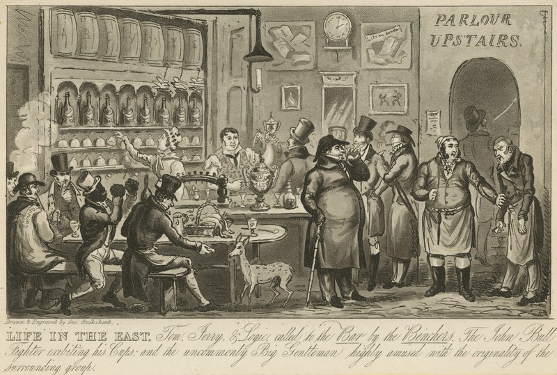 Tom, Jerry i Logic wezwani do baru przez ławników autorstwa George Cruikshank