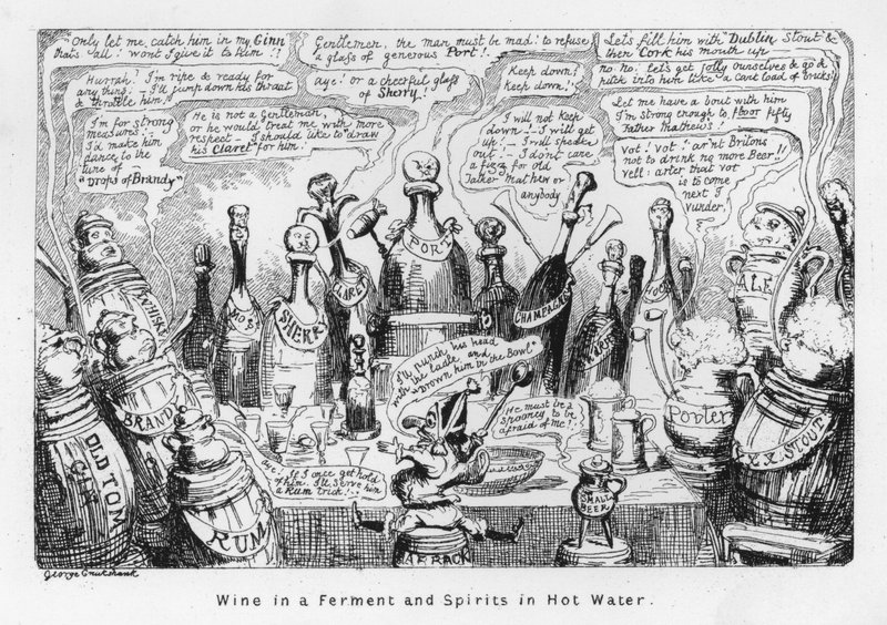 Wino w fermentacji i spirytus w gorącej wodzie (grawerowanie) autorstwa George Cruikshank