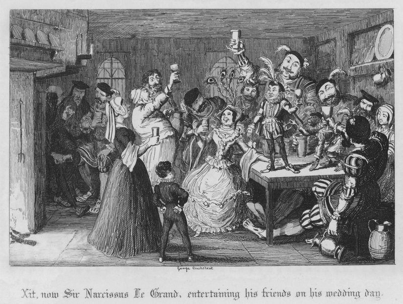 Xit, teraz Sir Narcissus Le Grand, zabawiający przyjaciół w dniu ślubu (grawerowanie) autorstwa George Cruikshank