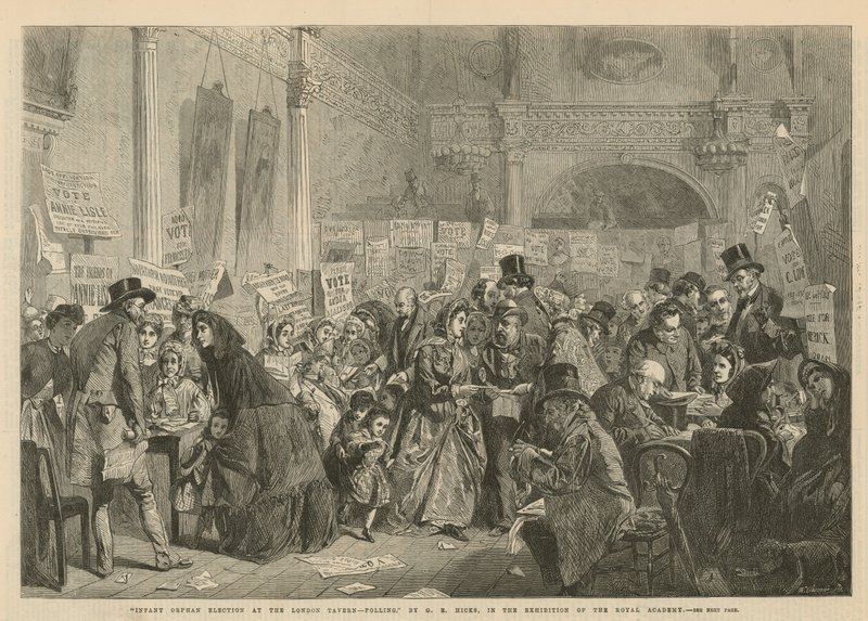 Wybory sierot dla niemowląt w London Tavern (Grawerowanie) autorstwa George Elgar Hicks