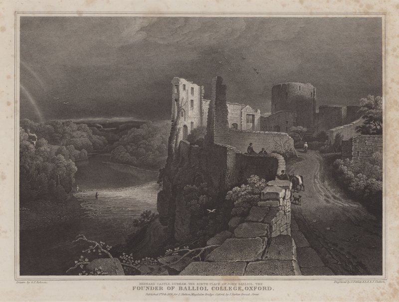 Barnard Castle, Durham, miejsce urodzenia Johna Balliola, założyciela Balliol College w Oksfordzie (grafika) autorstwa George Fennel (after) Robson