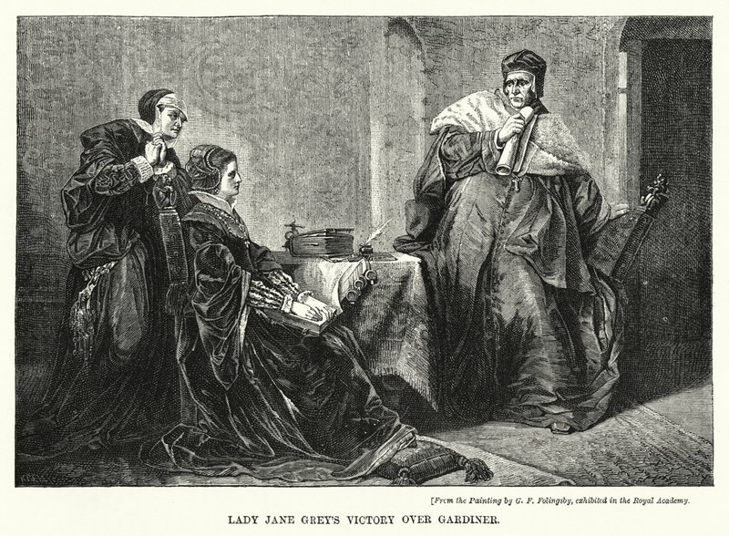 Zwycięstwo Lady Jane Grey nad Gardinerem (grawerowanie) autorstwa George Frederick Folingsby